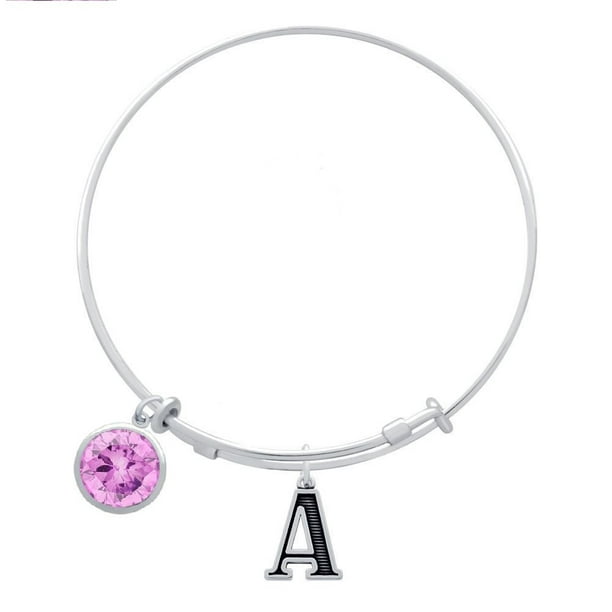 Silver Pink Box Love Between Mother Initial Bangle with Cubic Zirconia K 